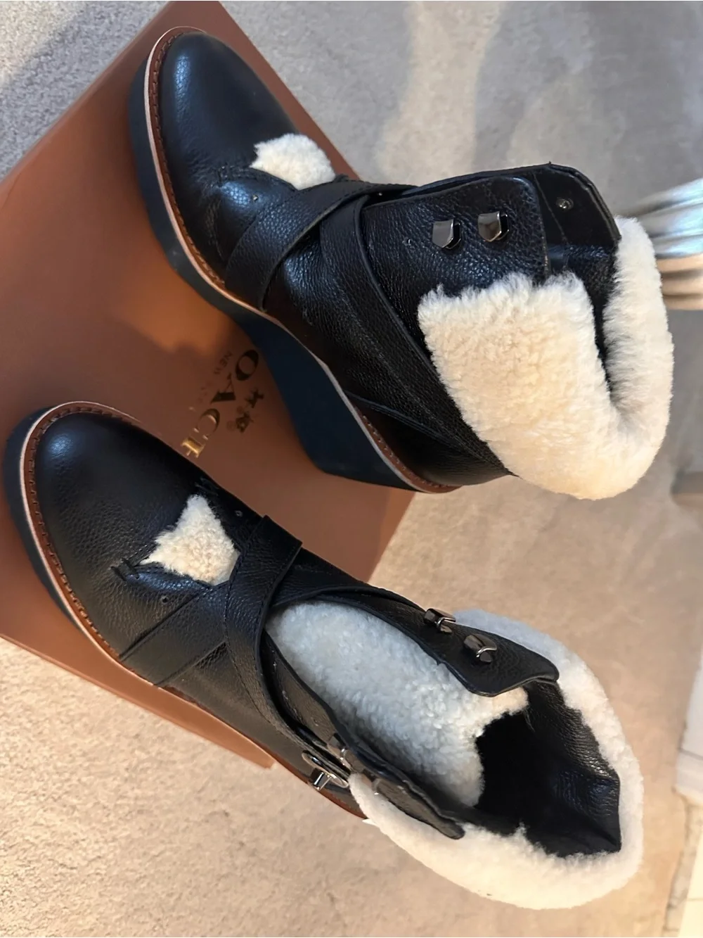 Coach Black Wedge Ankle Boots with Cream Shearling Trim